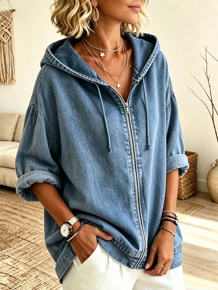 Retro Zip Hooded Art Casual Long Sleeve Denim Shirt