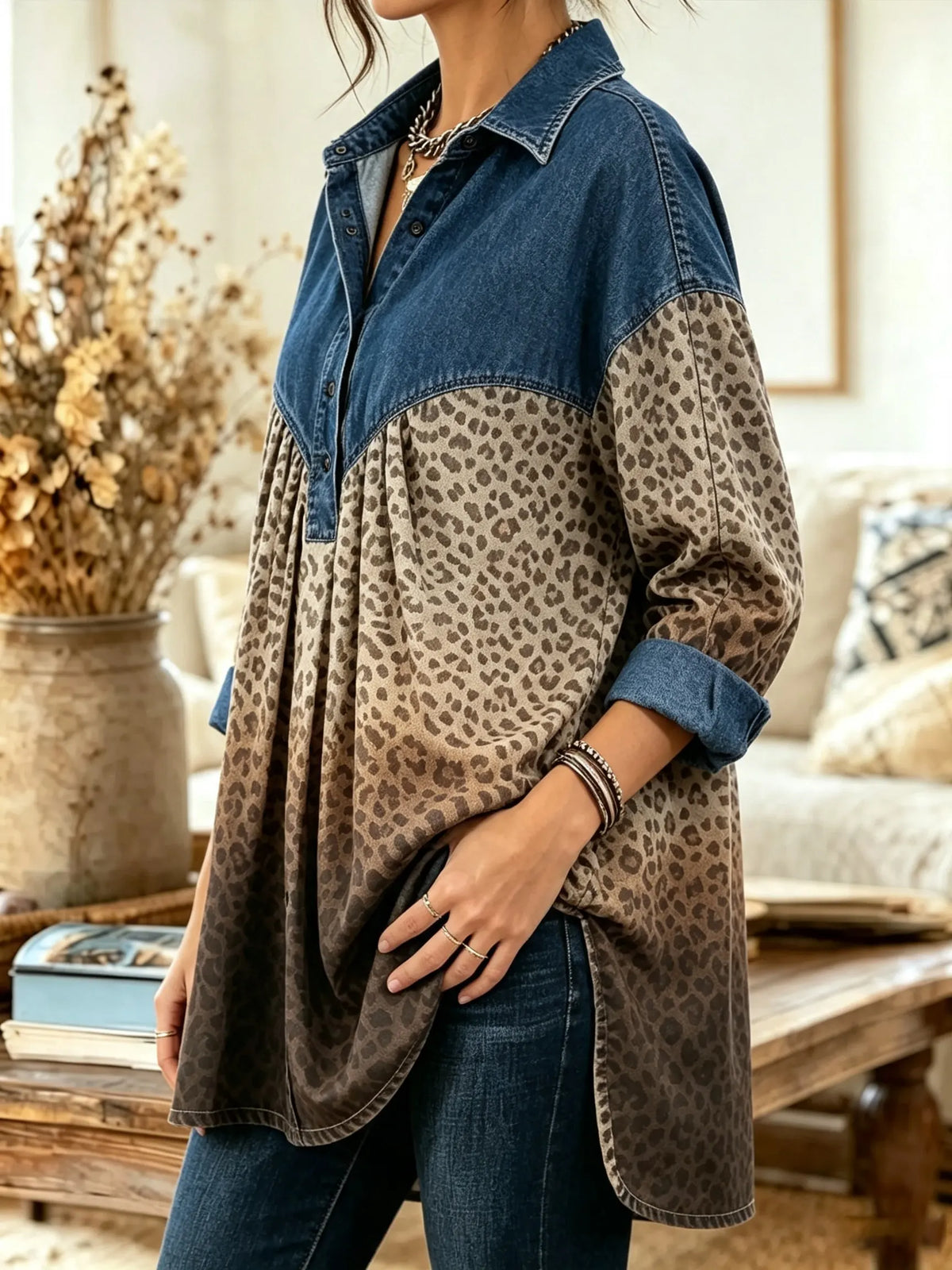 Women's Ombre Leopard Denim Yoke Top