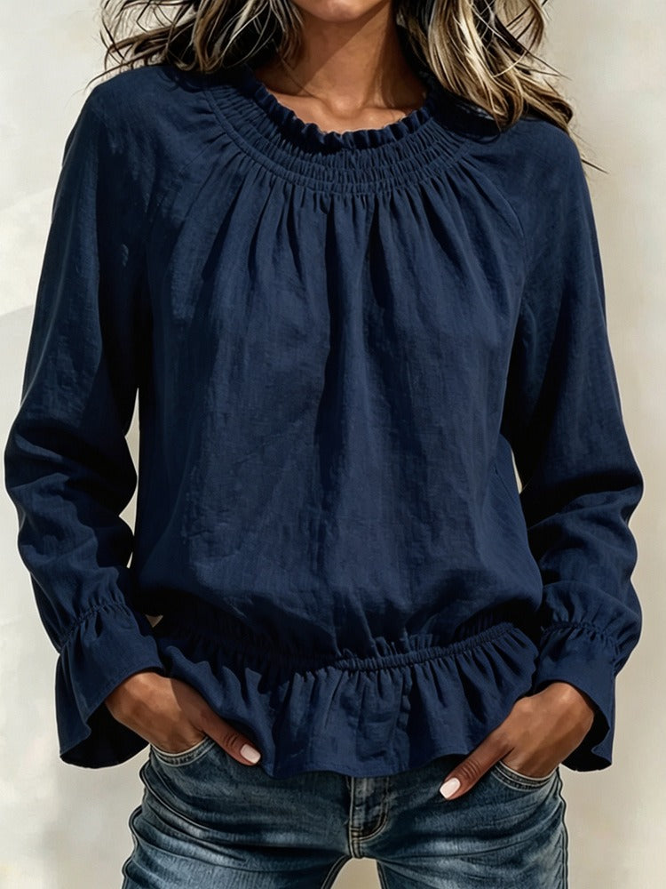 Women's Smocked Neck Ruffle Hem Blouse