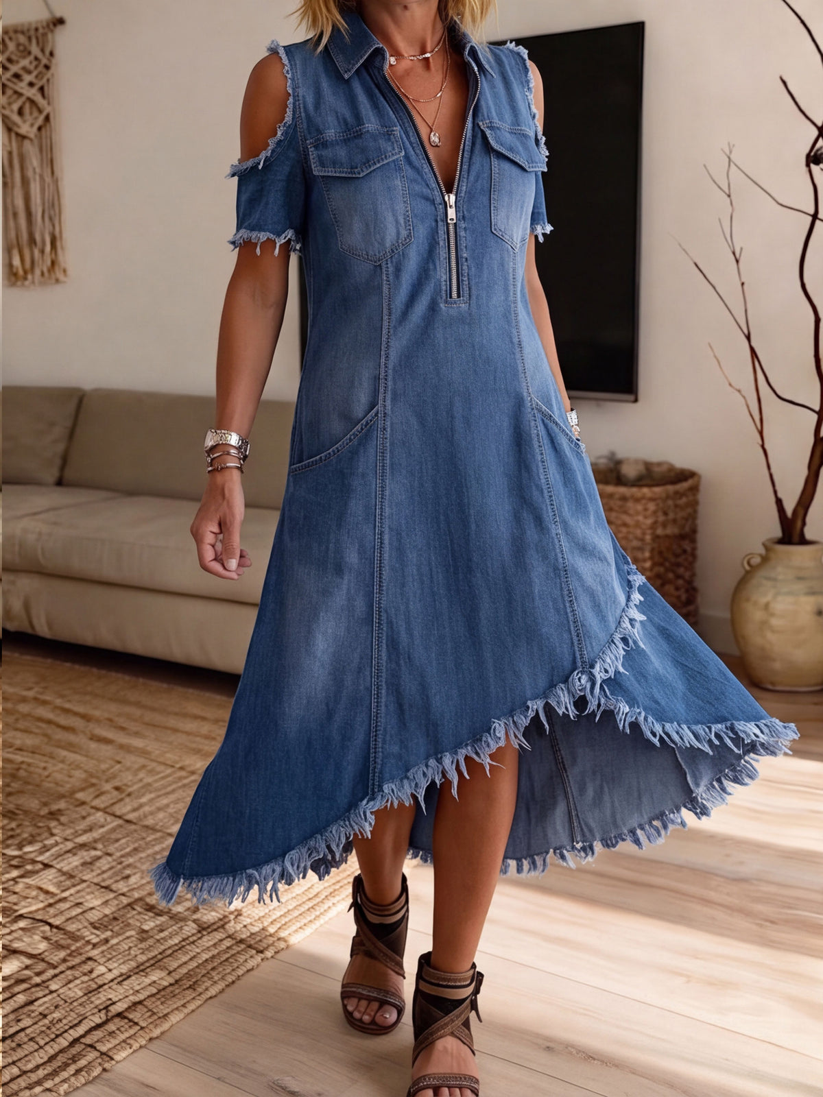 Women's Cold Shoulder Fringed Asymmetrical Hem Denim Midi Dress With Pockets