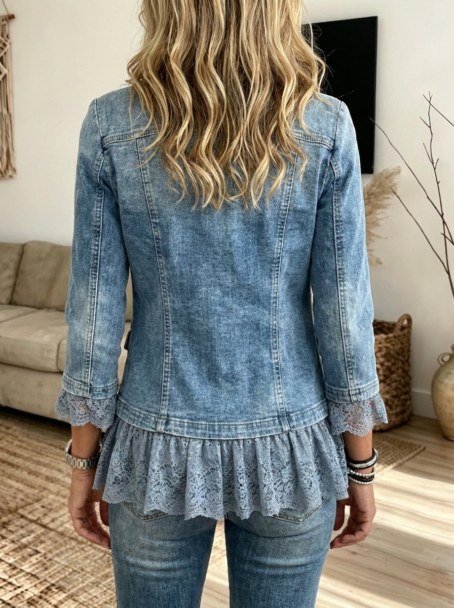 Women Denim Blazer Jacket Lace Ruffle Hem Button‑Front Lapel Coat