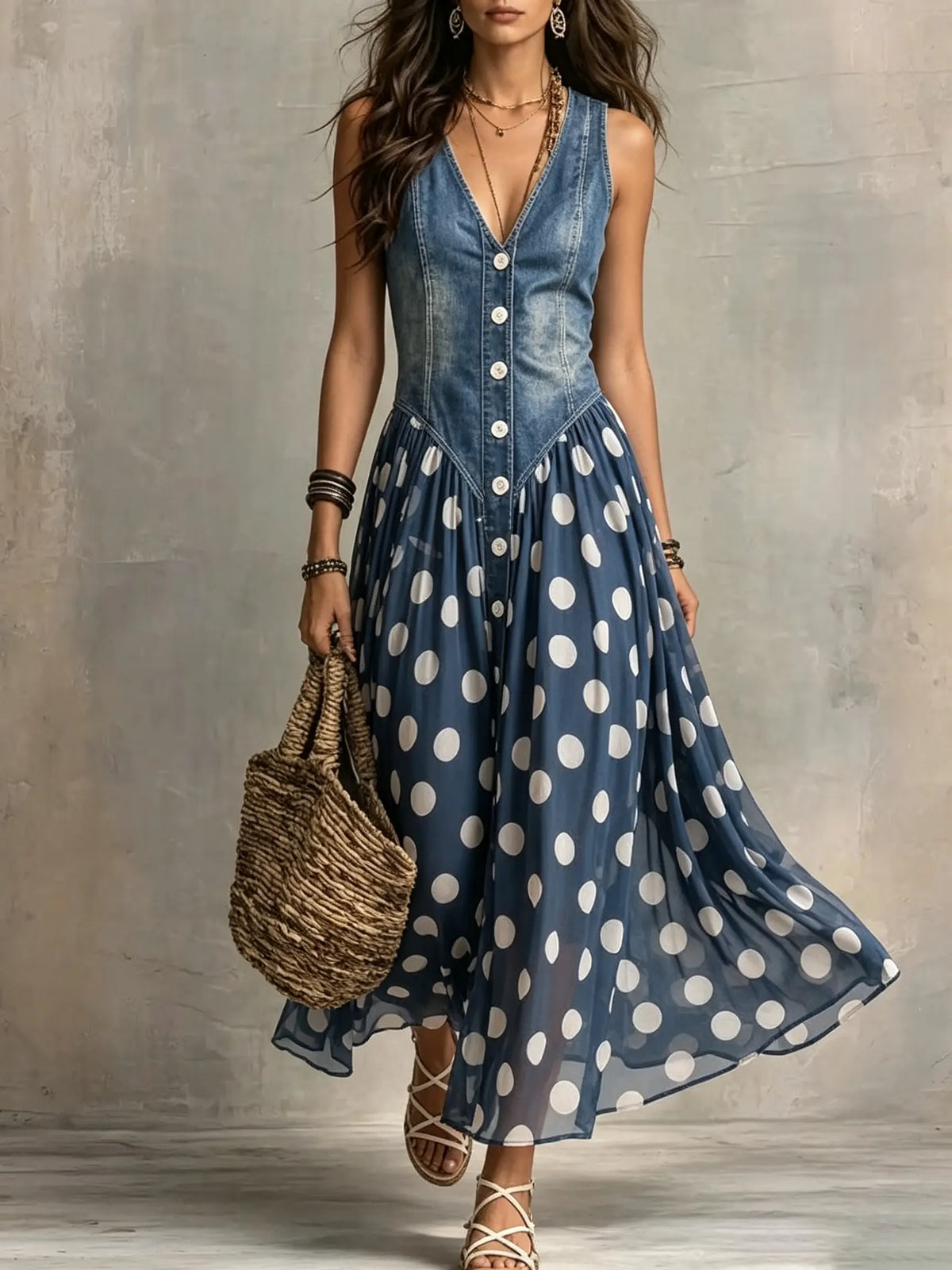 Women's Polka Dot Patchwork Denim Sleeveless Maxi Dress