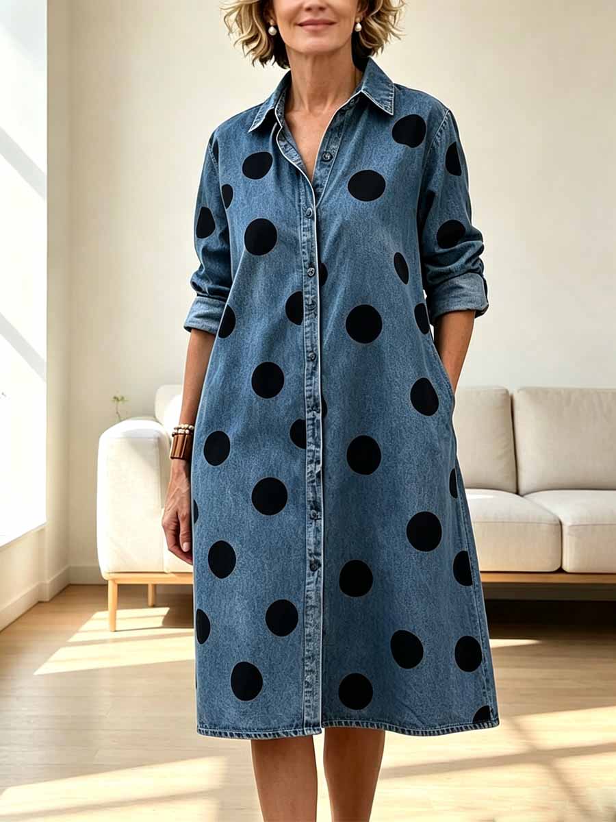 Retro Polka Dot Pattern Art Print Casual Lapel Stylish Denim Dress