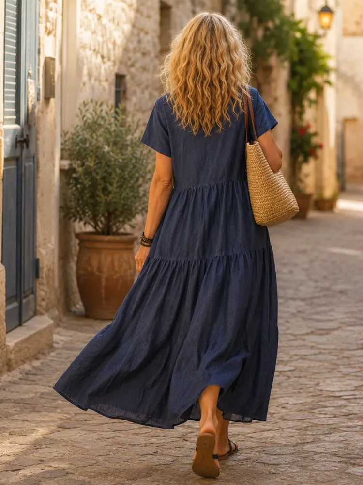 Women's Tiered Short Sleeve Denim Maxi Dress