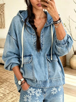 Women's Half-Zip Drawstring Denim Hoodie
