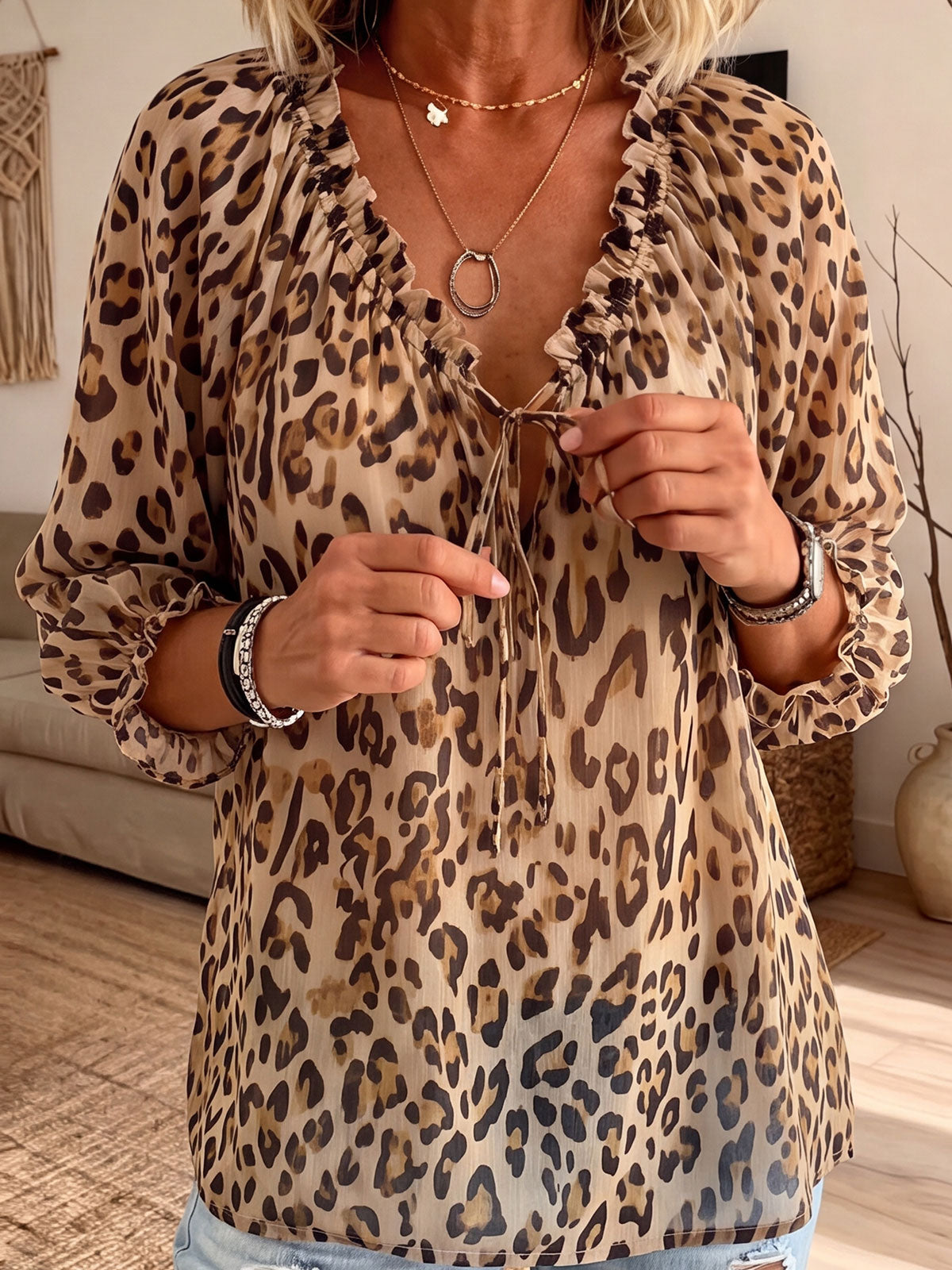Women’s Ruffle Tie V-Neck Leopard Print Puff 3/4 Sleeve Blouse