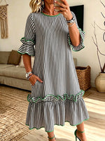 Green Trim Stripe Flounce Sleeve Pocket Midi Dress