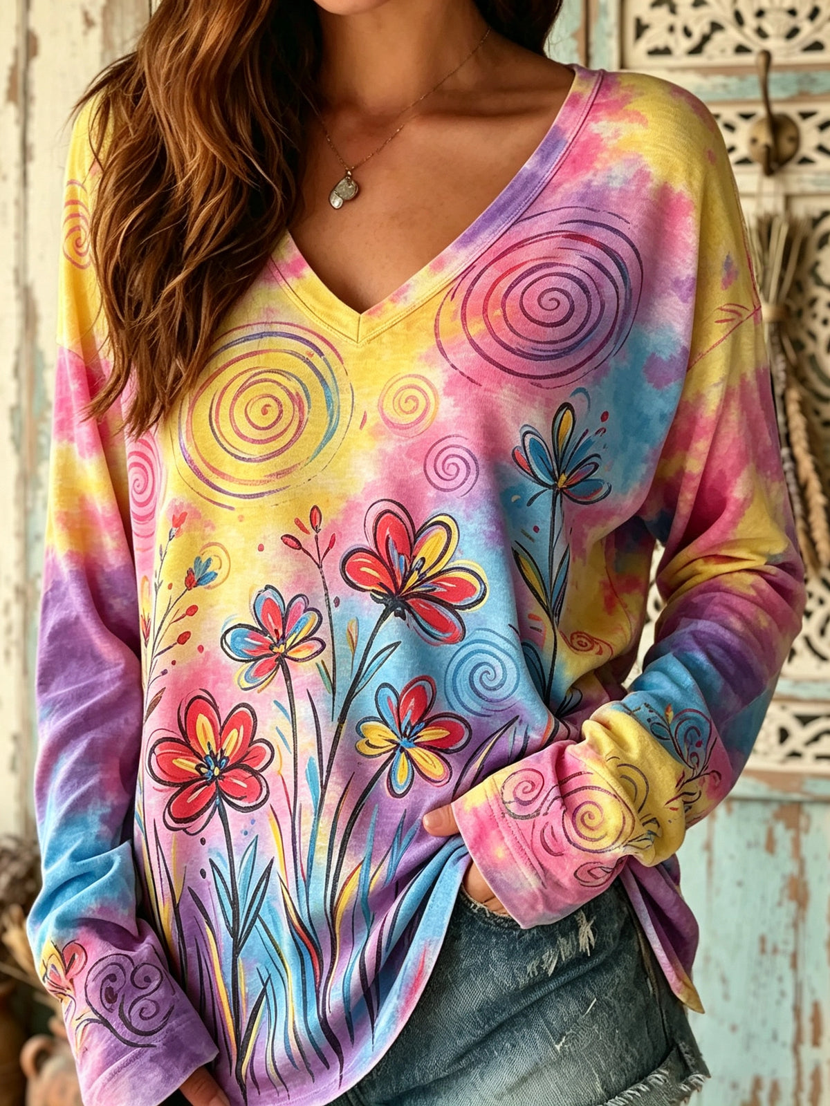 Women's Abstract Floral Tie-Dye Print V-Neck Top