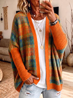 Colorful Plaid Open Front V Neck Knit Cardigan