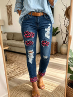 Women Ripped Jeans Leopard Patch Cuffed Ankle Stretch Skinny Denim Pants