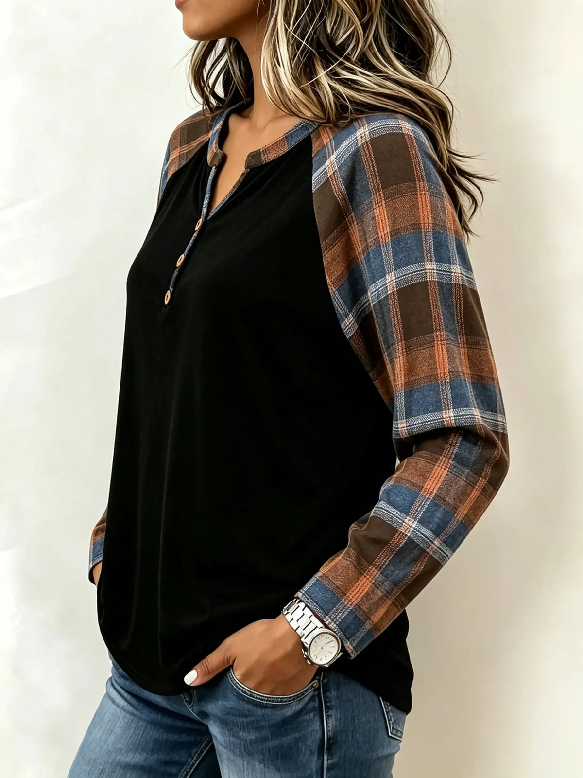 Women's Plaid Patchwork Henley Long Sleeve Top