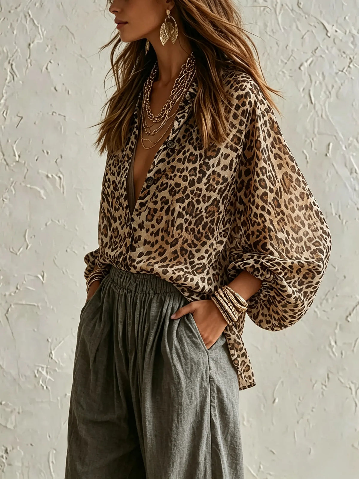 Women's Leopard Print Lightweight Long Sleeve Blouse