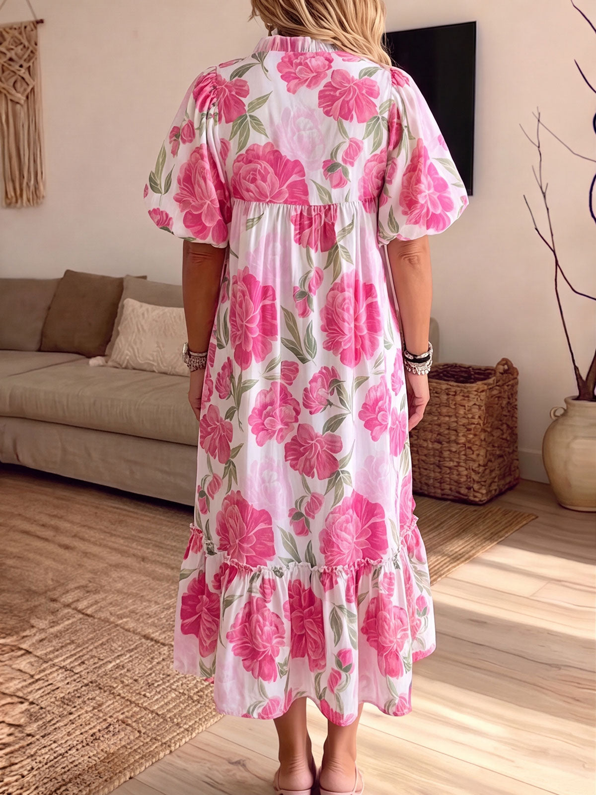 Women's Ruffle Neck Puff Sleeve Pink Floral Tiered Midi Dress With Pockets
