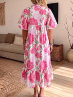 Women's Ruffle Neck Puff Sleeve Pink Floral Tiered Midi Dress With Pockets