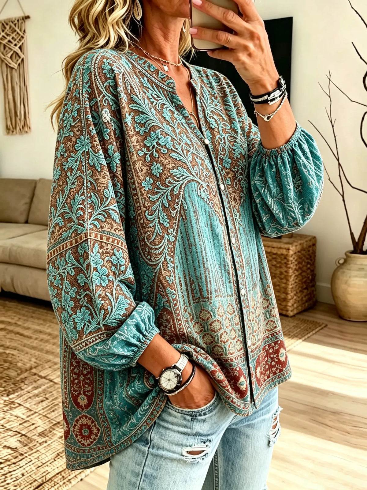 Women's Ethnic Geometric Vintage Print Puff Sleeve V-Neck Blouse