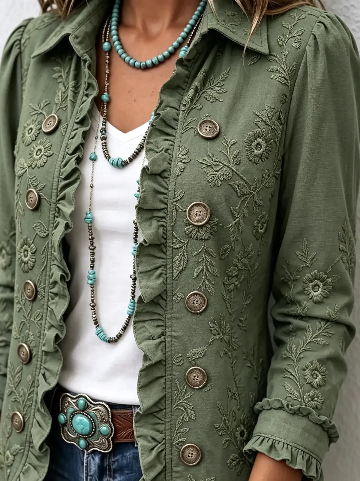 Women Botanical Floral Texture Ruffled Collared Jacket