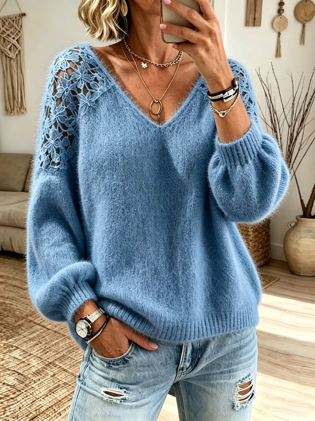 Women's V-Neck Crochet Sweater