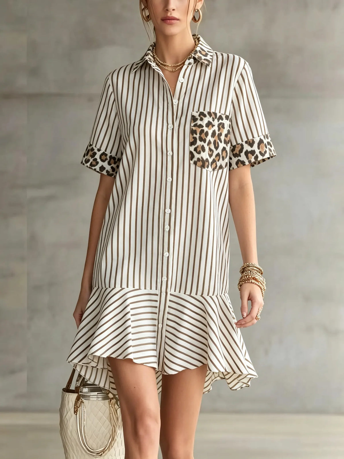 Women's Stripe Leopard Patchwork Shirt Mini Dress