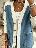 Women Denim Knit Spliced V‑Neck Cardigan