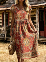 Women's Eyelet Cutout Vintage Midi Dress