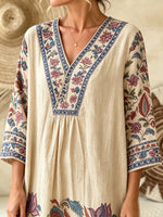 Women Vintage Floral Border Print V-Neck Loose Maxi Dress