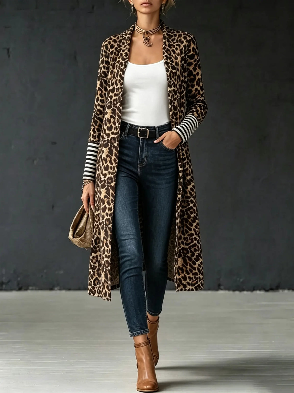 Women's Leopard Stripe Patchwork Long Cardigan