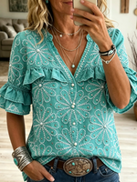 Women's Floral Ruffle Denim Blouse