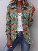 Retro Floral Birds Art Pattern Print Ruffle Casual Stylish Cotton Lapel Coat