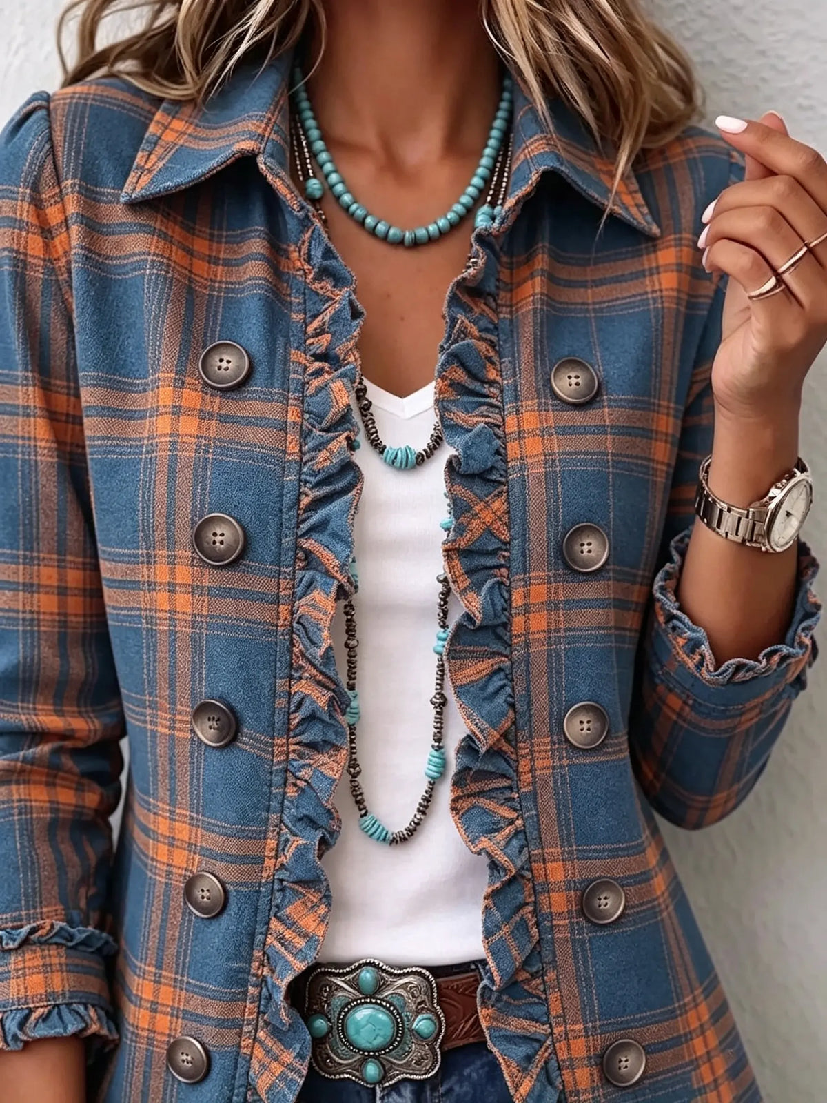 Women Color Block Plaid Texture Ruffled Collared Jacket