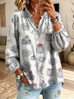Funny Cactus Pattern Art Print Casual Long Sleeve Cotton Linen Shirt
