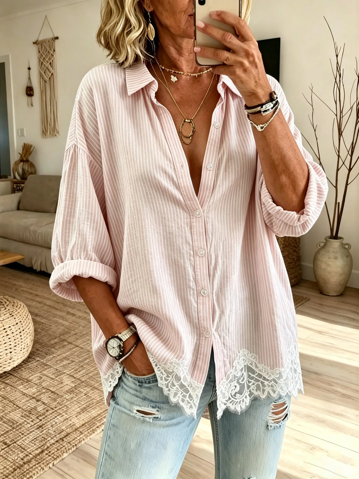 Women's Thin Stripe Lace Hem Long Sleeve Shirt