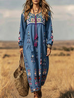 Women Ethnic Floral Print Drawstring Long Sleeve Maxi Dress