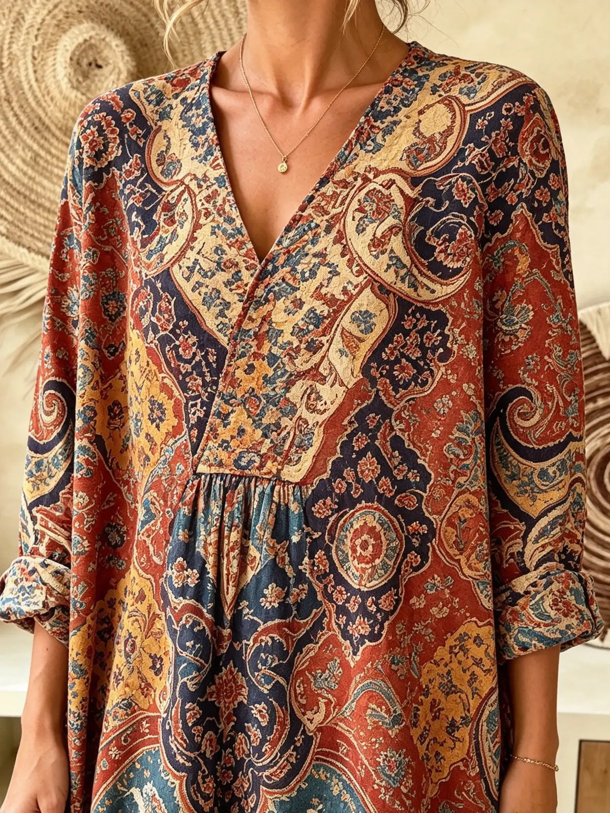 Women Ethnic Vintage Geometric Pattern V-Neck Loose Maxi Dress