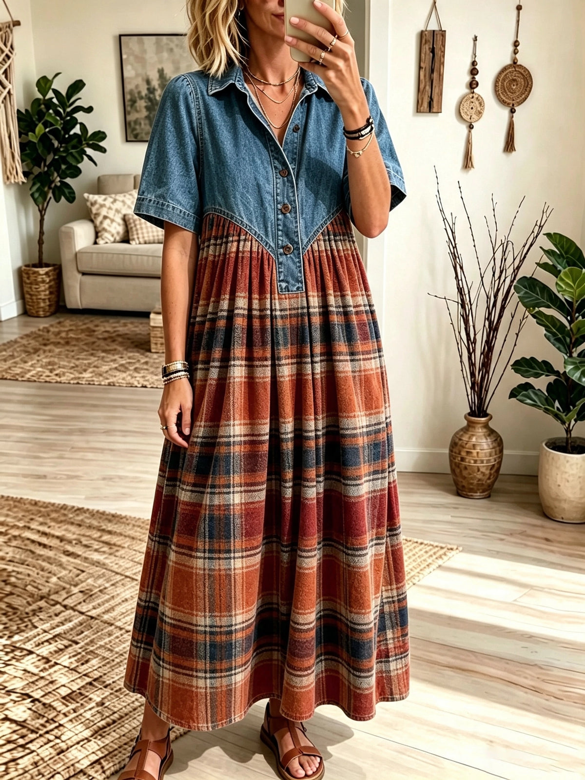 Women's Denim Yoke Plaid Maxi Dress