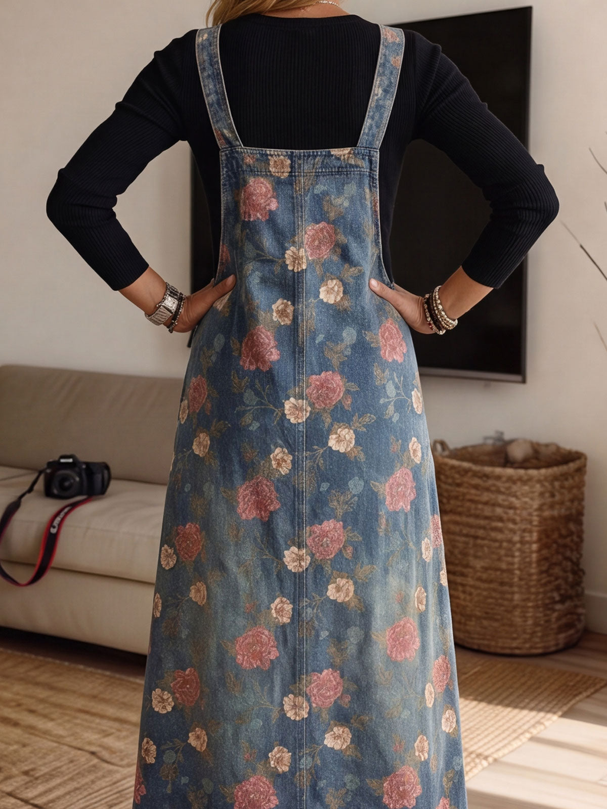 Women's Vintage Floral Print Denim Pinafore Midi Dress With Pockets