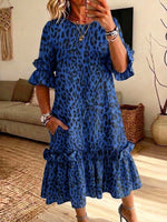 Retro Leopard Pattern Art Print Casual Ruffle Stylish Cotton Linen Dress