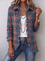 Women Color Block Plaid Texture Ruffled Collared Jacket