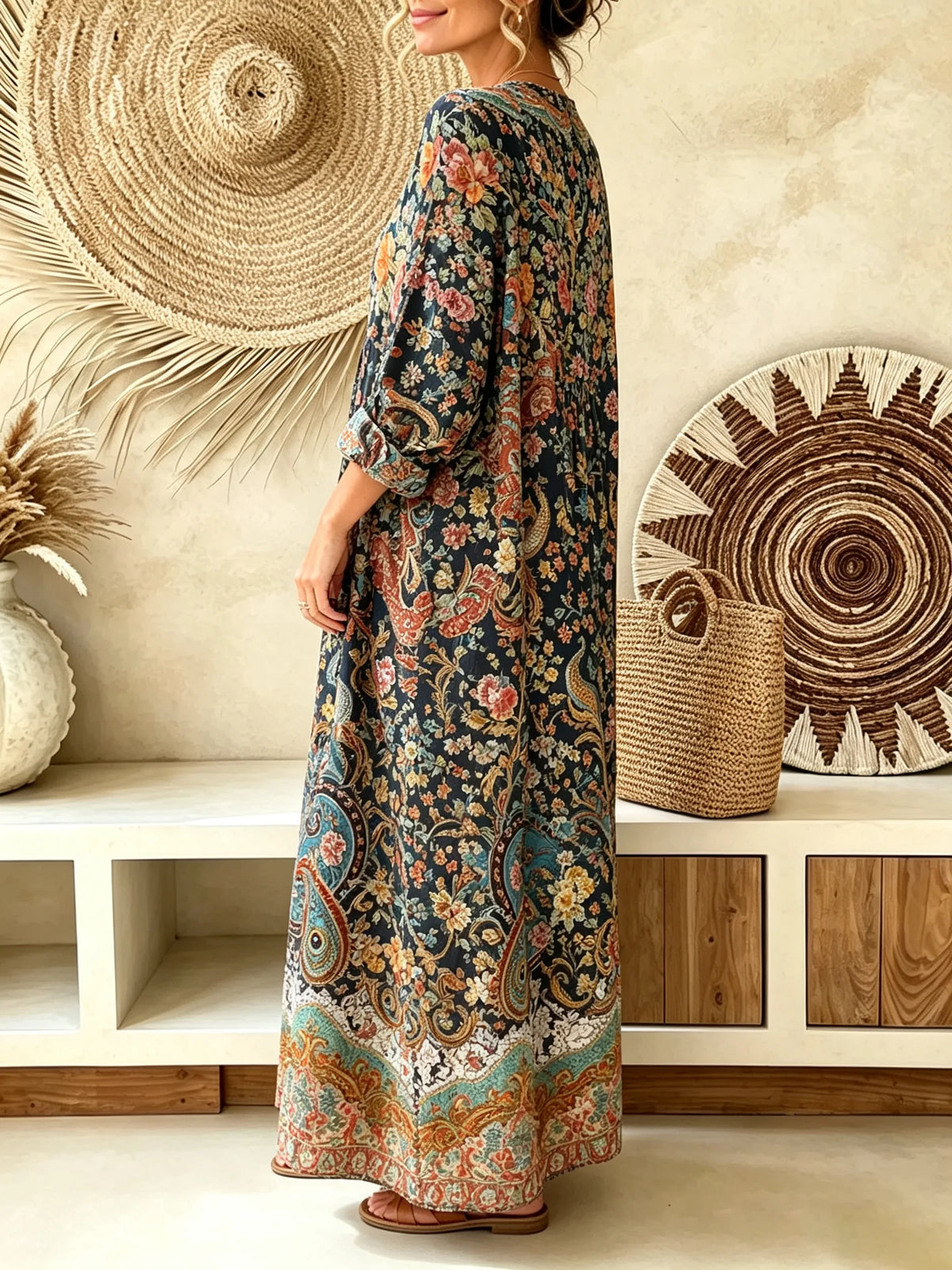 Women's Vintage Floral Paisley Print V-Neck Maxi Dress