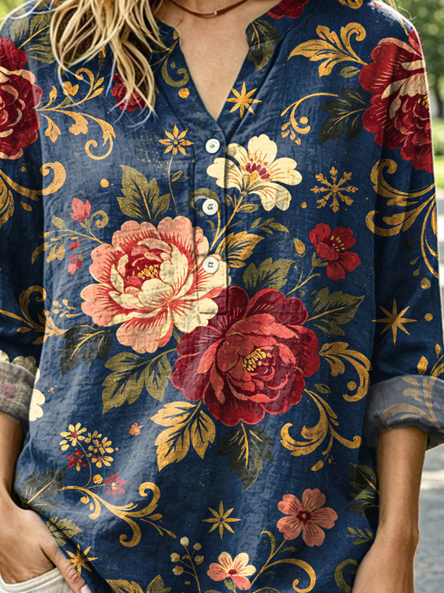 Women's Retro Floral Pattern Art Print Casual Long Sleeve Linen Shirt