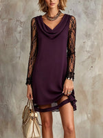 Women's Solid Lace Sleeve Cowl Neck Mini Dress
