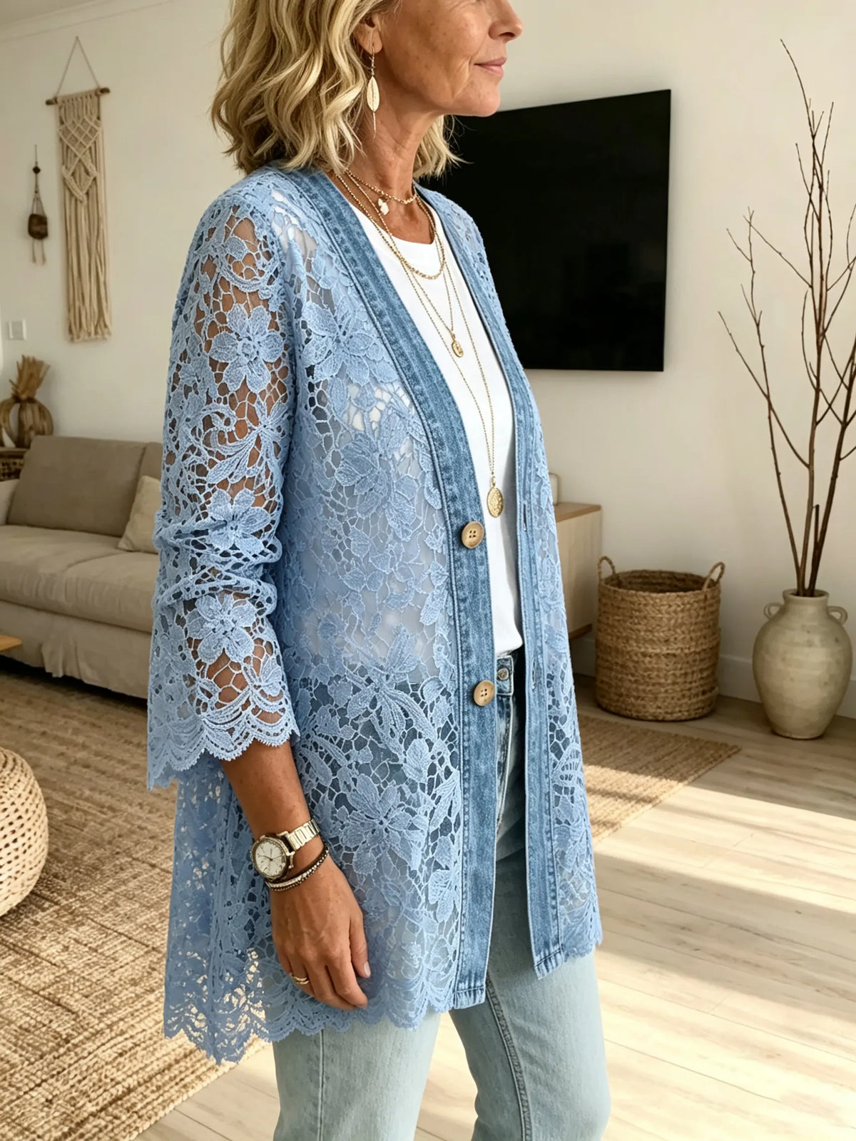Women's Sheer Floral Lace Denim Cardigan