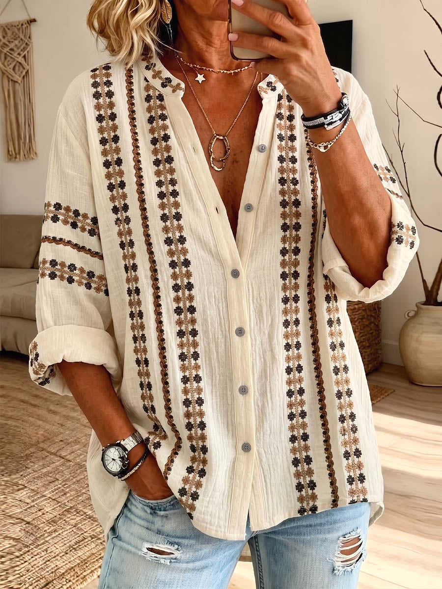 Vintage Elegant Button Long Sleeve Patterned Shirt