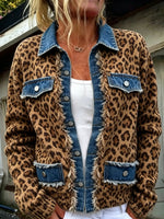 Women's Leopard Knit Denim Patch Cardigan