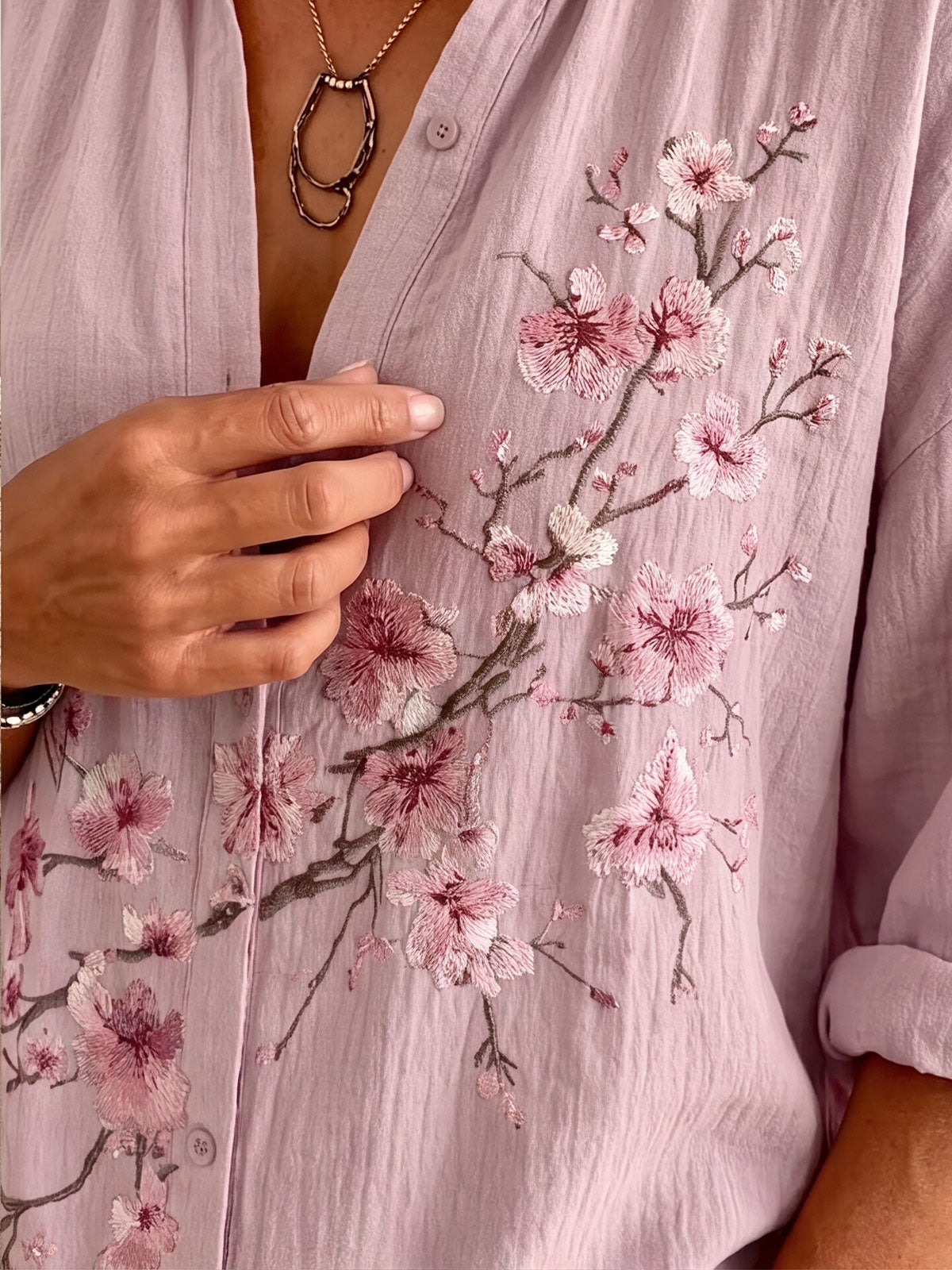 Women’s Notch Collar Cherry Blossom Print Loose Button Down Blouse