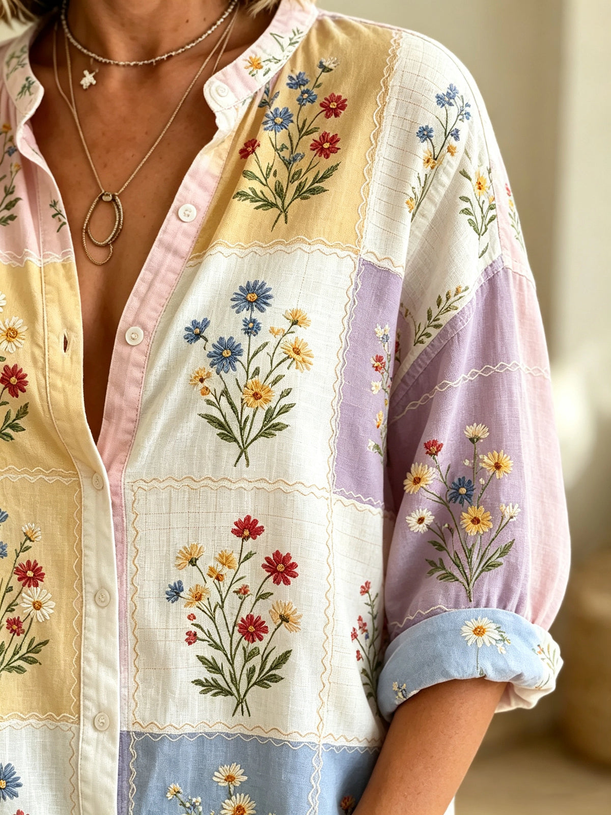 Women's Pastel Floral Patchwork Print Button-Down Shirt