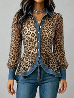 Retro Chic Long Sleeve Leopard Pattern Casual Stylish Denim Patchwork Shirt