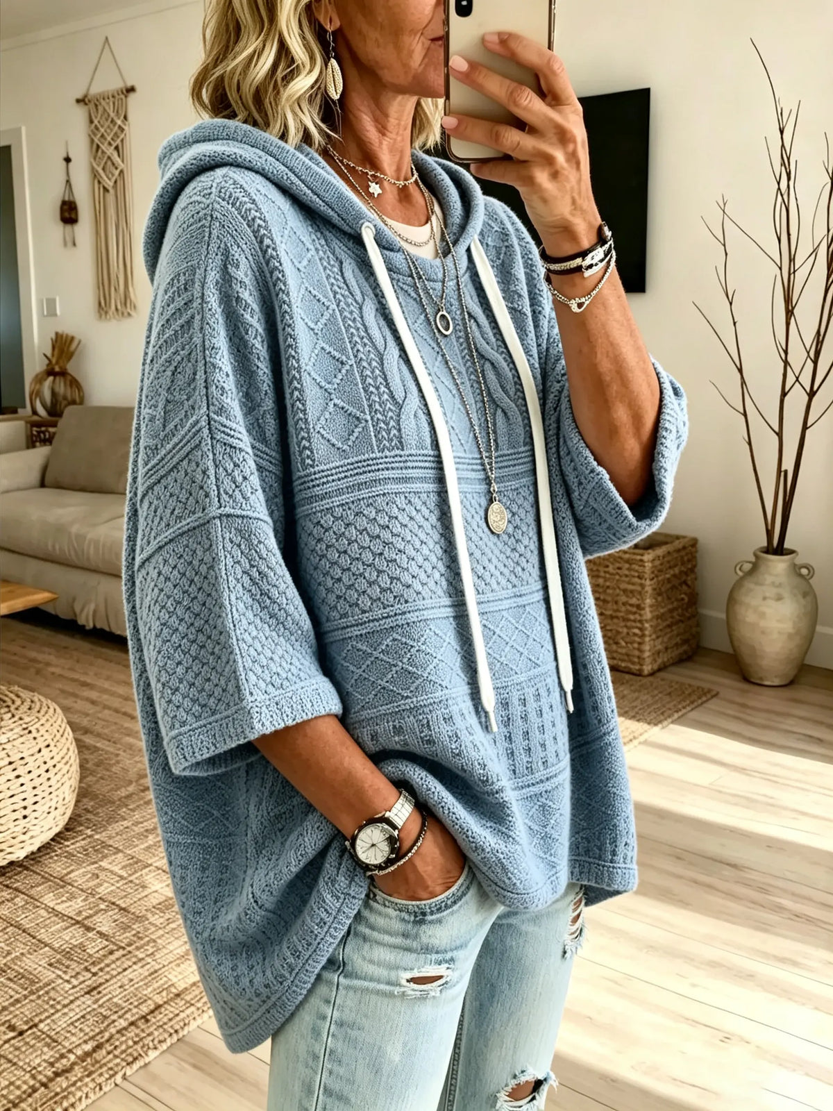 Women's Diamond-patterned Cable Knit Hooded Mid-sleeve Top