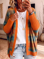 Colorful Plaid Open Front V Neck Knit Cardigan