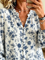 Women's Blue Floral Porcelain Print V-neck Puff Sleeve Blouse