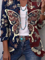 Retro Floral Butterfly Pattern Art Print Ruffle Casual Stylish Cotton Lapel Coat